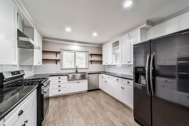 kitchen with white cabinetry, sink, backsplash, and stainless steel appliances