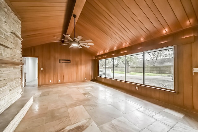 unfurnished sunroom with wood ceiling, lofted ceiling with beams, and ceiling fan