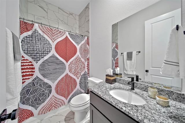 bathroom with vanity, toilet, and a shower with shower curtain