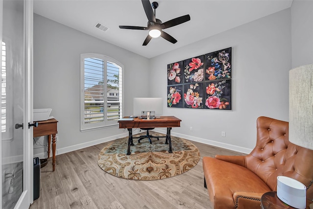 office featuring hardwood / wood-style flooring and ceiling fan