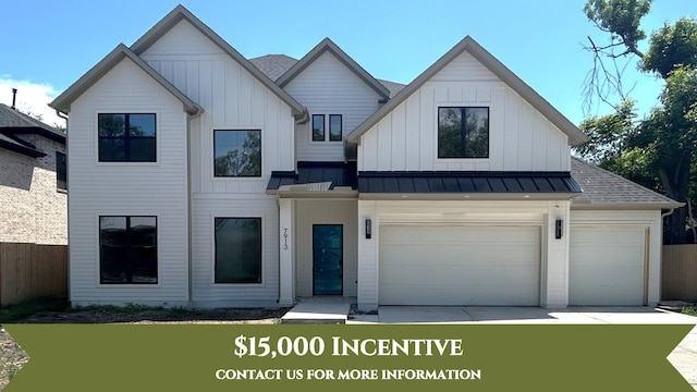 7913 Turquoise Ln, Houston, TX 77055 - view of front facade with a shingled roof, concrete driveway, board and batten siding, fence, and a standing seam roof