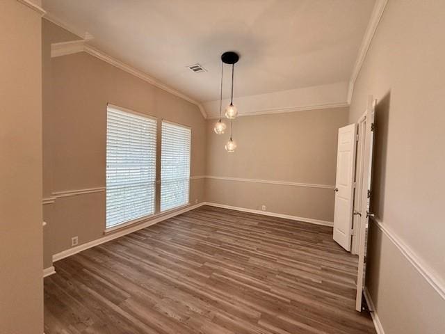 unfurnished room with crown molding and dark wood-type flooring