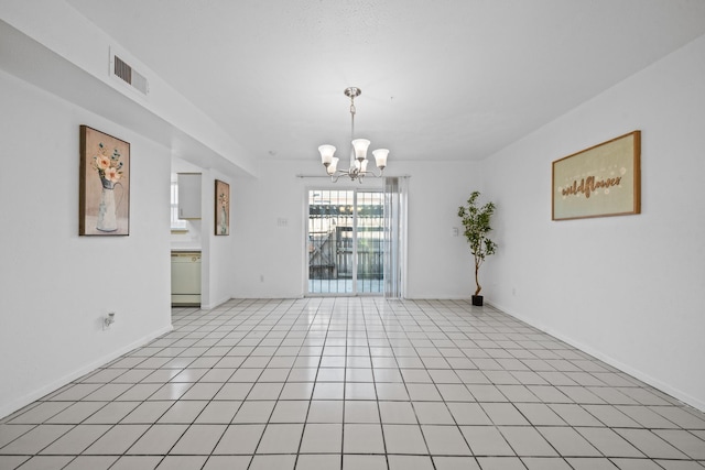 unfurnished room featuring light tile patterned floors and an inviting chandelier