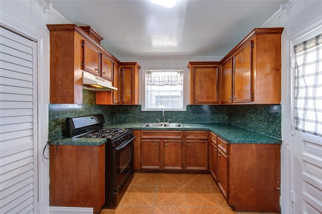 kitchen with tasteful backsplash, ornamental molding, black range with gas cooktop, and sink