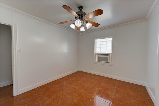 unfurnished room with crown molding, cooling unit, and ceiling fan