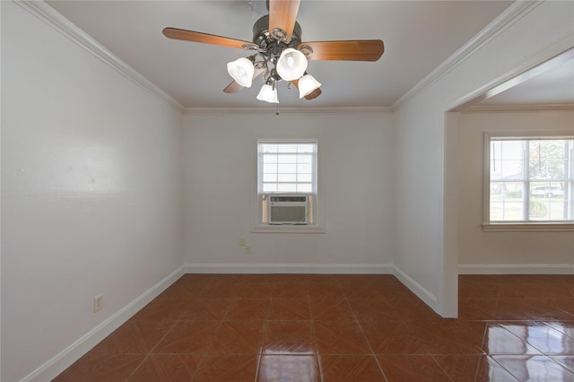 spare room with crown molding, cooling unit, and ceiling fan