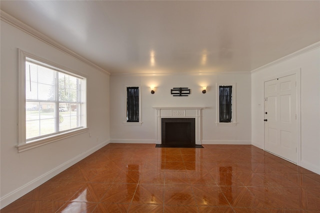 unfurnished living room featuring ornamental molding and parquet floors