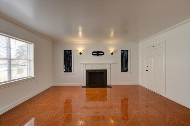 unfurnished living room with crown molding and parquet floors