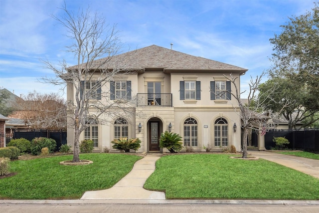 view of front of house featuring a balcony and a front yard