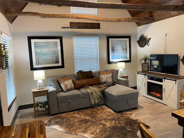 TRACT2 Private Road 648th St, Cedar Lake, TX 77414 - living room with wood finished floors, a glass covered fireplace, visible vents, baseboards, and beamed ceiling