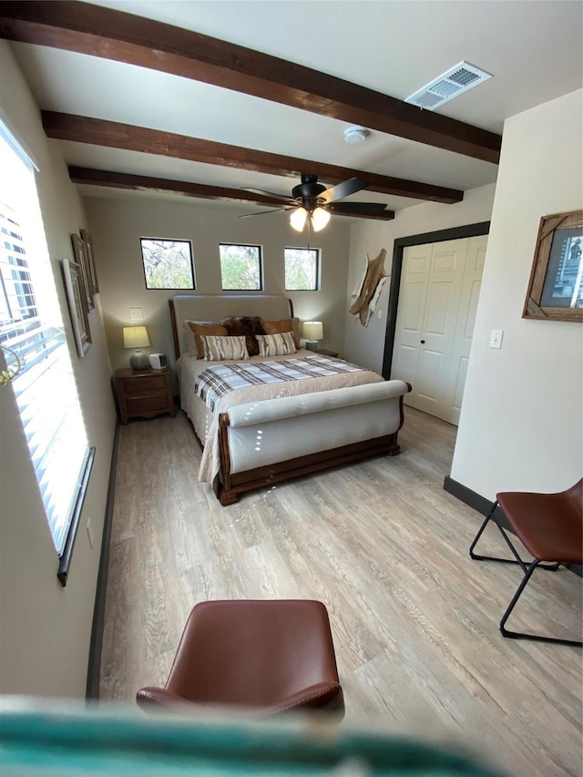 TRACT2 Private Road 648th St, Cedar Lake, TX 77414 - bedroom with light wood-type flooring, beamed ceiling, and visible vents