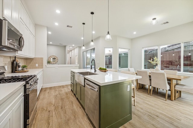 kitchen featuring pendant lighting, sink, appliances with stainless steel finishes, a kitchen island with sink, and white cabinetry