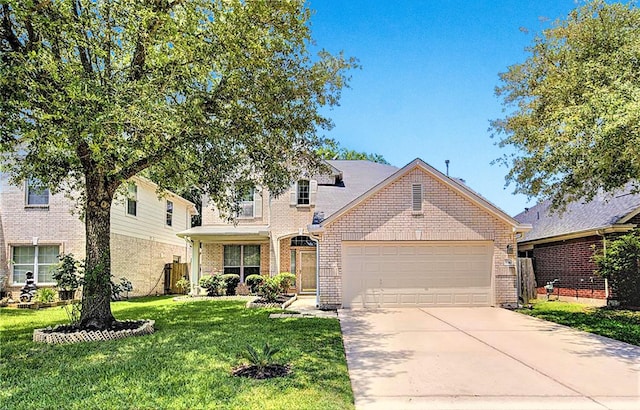 traditional-style home featuring a garage, driveway, brick siding, and a front lawn