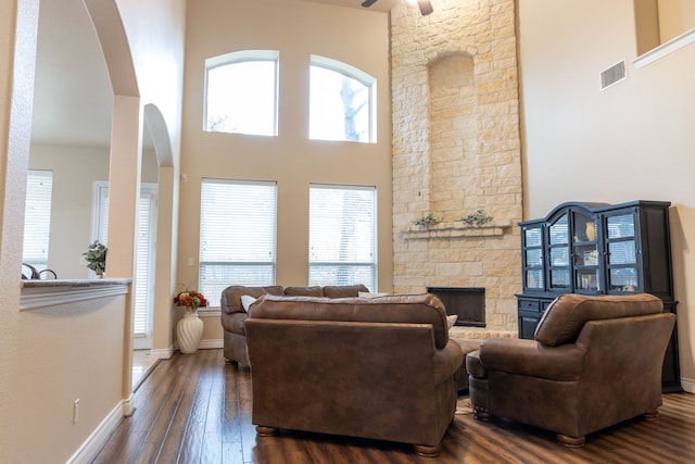 living room with dark hardwood / wood-style floors, plenty of natural light, and a stone fireplace