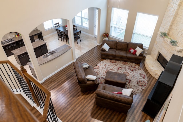 living room with sink, a stone fireplace, and wood-type flooring