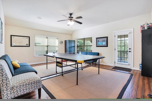 playroom featuring dark hardwood / wood-style floors and ceiling fan