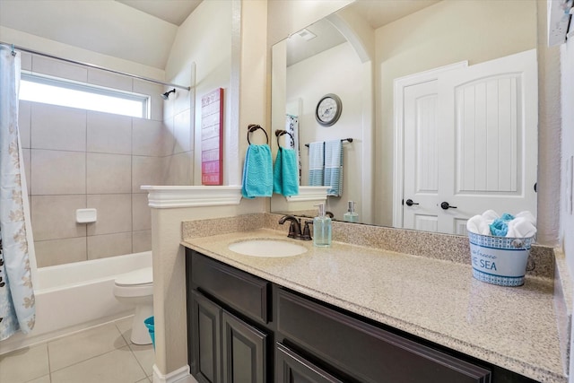 full bathroom featuring vanity, tile patterned flooring, shower / bath combination with curtain, and toilet