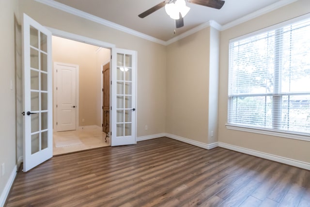 unfurnished room with french doors, ceiling fan, crown molding, and dark hardwood / wood-style flooring