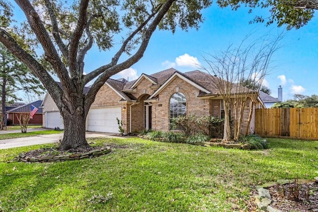 single story home with a garage, brick siding, fence, driveway, and a front lawn