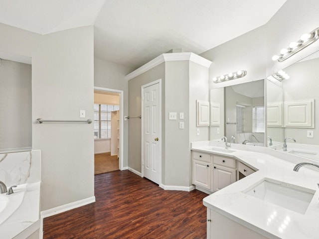 bathroom featuring vanity, a bath, and hardwood / wood-style floors