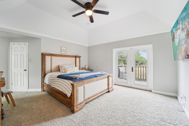 carpeted bedroom with french doors, ceiling fan, vaulted ceiling, and access to outside