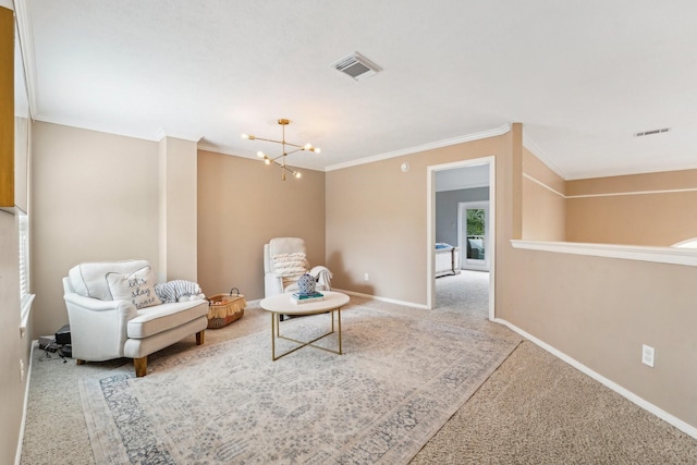 living area with crown molding, a chandelier, and carpet floors