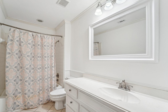 full bathroom featuring crown molding, vanity, tile patterned flooring, and shower / tub combo