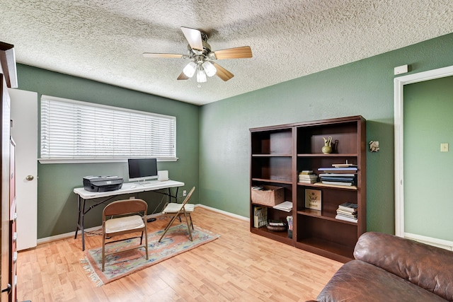 office space featuring a textured ceiling, ceiling fan, and light hardwood / wood-style flooring