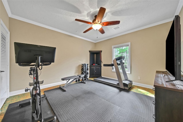 workout area with ceiling fan, ornamental molding, and a textured ceiling