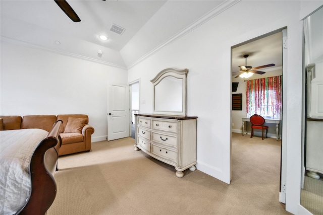 sitting room featuring ceiling fan, light colored carpet, ornamental molding, and lofted ceiling