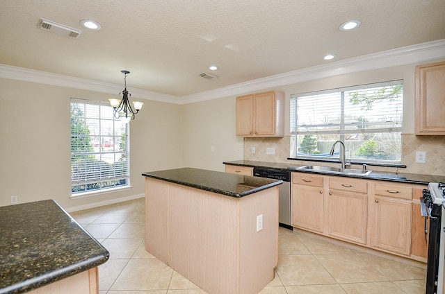 kitchen with sink, range, hanging light fixtures, a center island, and stainless steel dishwasher