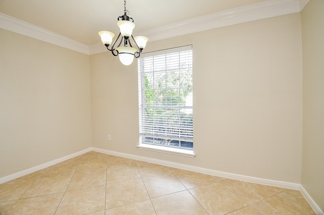 tiled empty room with crown molding and an inviting chandelier