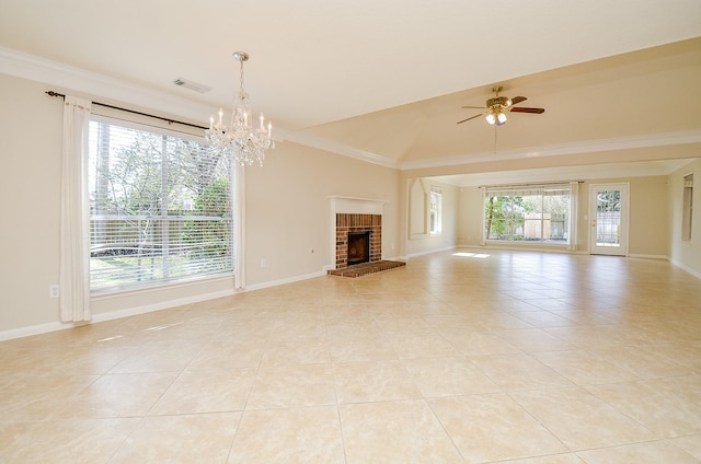 unfurnished living room with lofted ceiling, ornamental molding, a brick fireplace, and light tile patterned floors