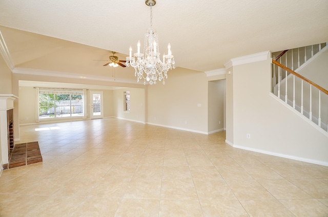 unfurnished living room featuring light tile patterned flooring, ornamental molding, ceiling fan with notable chandelier, and a brick fireplace