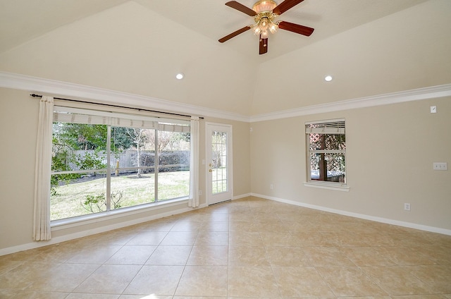 empty room with vaulted ceiling, light tile patterned floors, ceiling fan, and crown molding