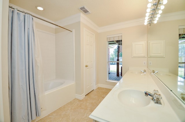 bathroom with vanity, tile patterned flooring, crown molding, and shower / bathtub combination with curtain