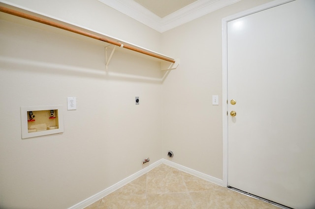 washroom featuring gas dryer hookup, tile patterned flooring, ornamental molding, hookup for a washing machine, and electric dryer hookup