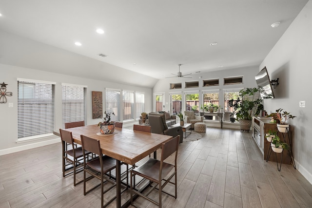 dining area featuring ceiling fan and light hardwood / wood-style flooring