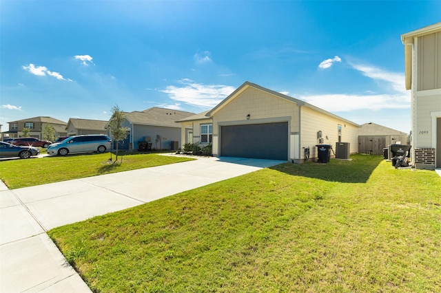 single story home featuring a garage, cooling unit, and a front yard