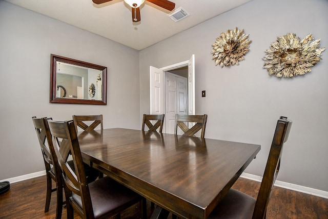 dining room with dark wood-style floors, visible vents, ceiling fan, and baseboards