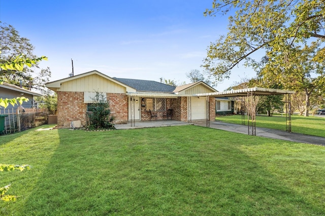 ranch-style home with a garage and a front yard