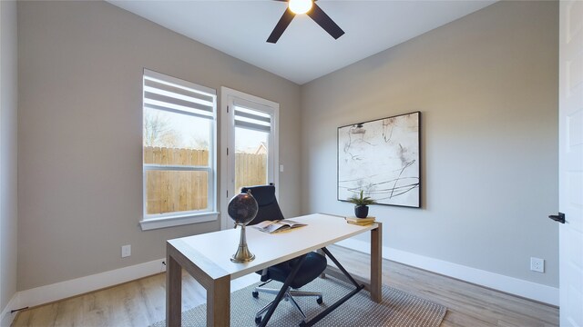 home office featuring ceiling fan and light wood-type flooring