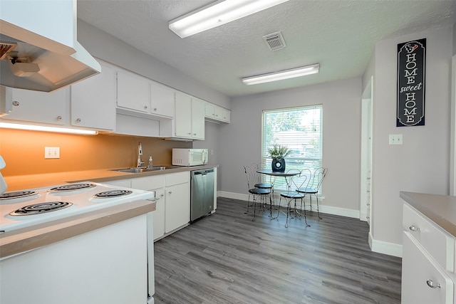 kitchen with range with electric cooktop, extractor fan, white cabinetry, dishwasher, and a textured ceiling