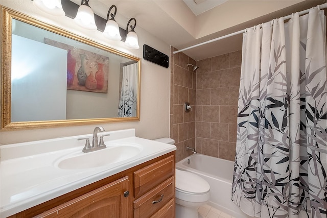 full bathroom with vanity, shower / bathtub combination with curtain, and toilet