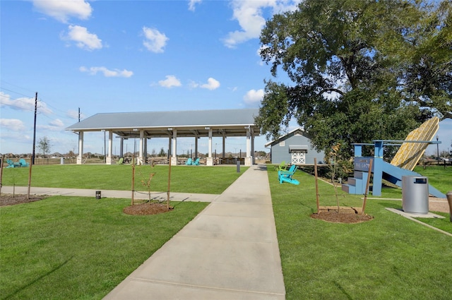 exterior space featuring a gazebo, a yard, and a playground