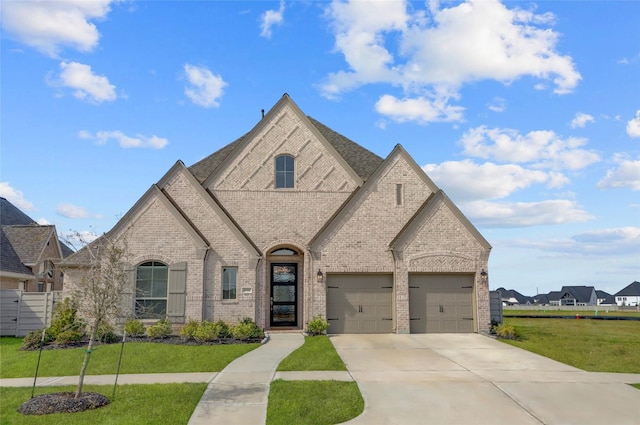 french provincial home featuring driveway, a front yard, and brick siding