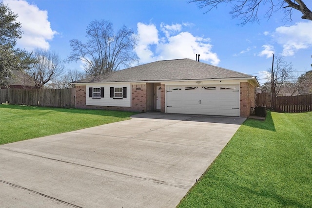 single story home with a garage, central AC, and a front yard