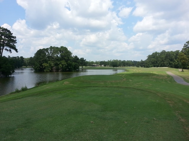 view of property's community with a water view and a lawn