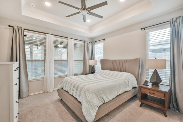 carpeted bedroom featuring multiple windows and a tray ceiling