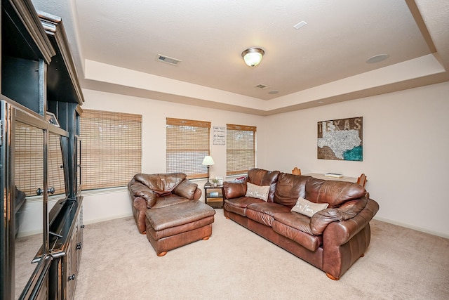 living room with light colored carpet, a raised ceiling, and a textured ceiling